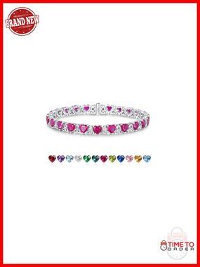 925 Sterling Silver Tennis Bracelet Heart Ruby 7 Inch Hypoallergenic